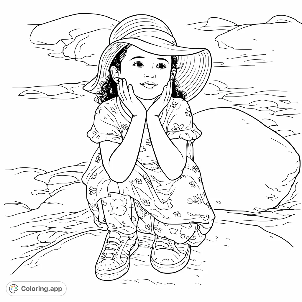 A charming coloring page featuring a child in a wide-brimmed hat, posed thoughtfully on a rocky surface. Perfect for young artists.
