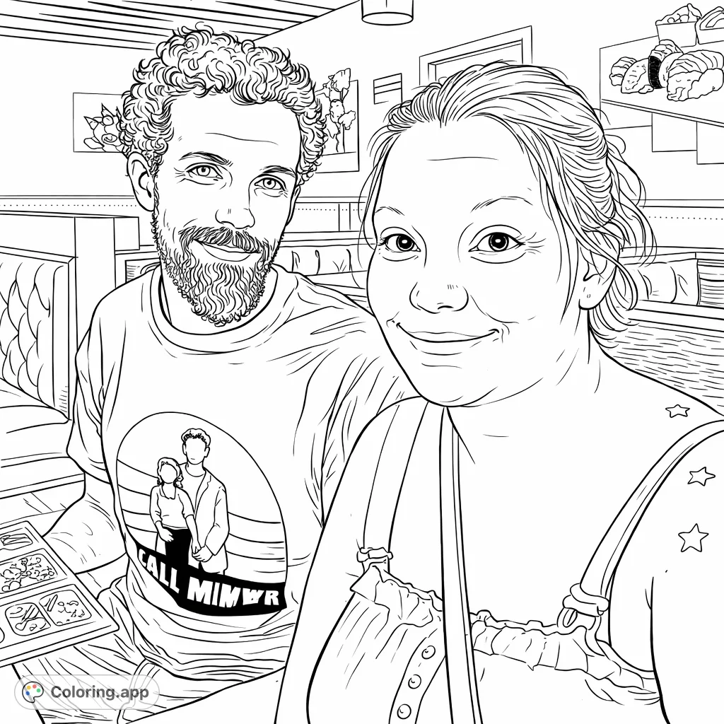 A charming scene of a couple enjoying a meal at a restaurant, perfect for personalizing with your favorite colors and capturing a relaxed moment.
