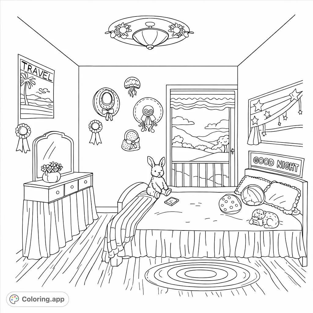Explore a charming bedroom scene filled with a cozy bed, playful toys, unique wall decor, and a scenic window view. A delightful bedroom scene coloring page.