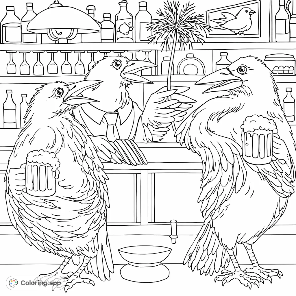 Explore a lively pub scene featuring three anthropomorphic crows enjoying drinks and conversation. A detailed, whimsical coloring page for a unique creative escape.