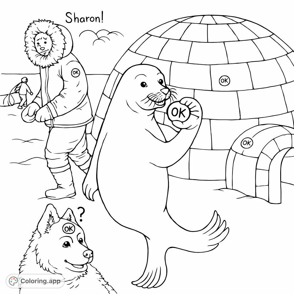Explore a whimsical arctic scene featuring an individual in winter gear, a curious seal, and a questioning dog near a detailed igloo.