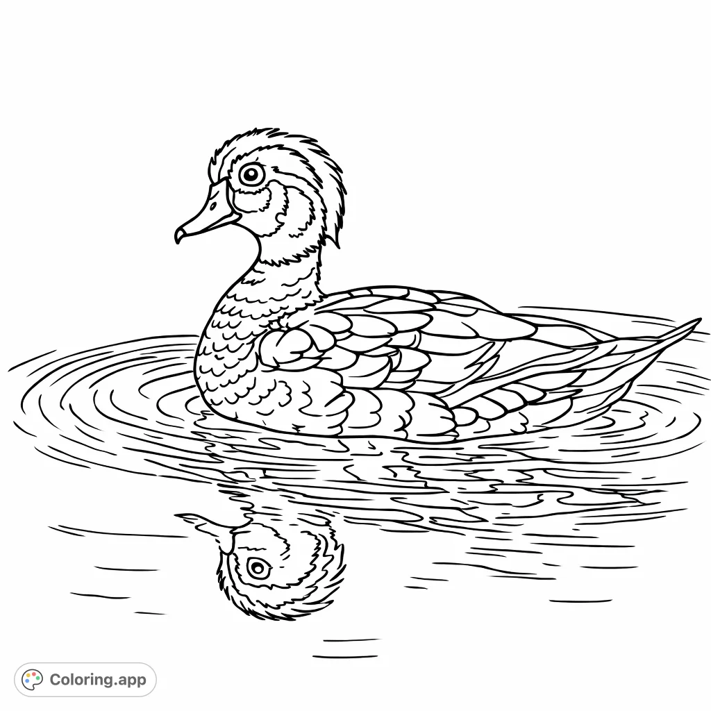 A detailed wood duck swims gracefully, creating ripples and a clear reflection. Perfect for nature lovers to color, focusing on intricate feather patterns.