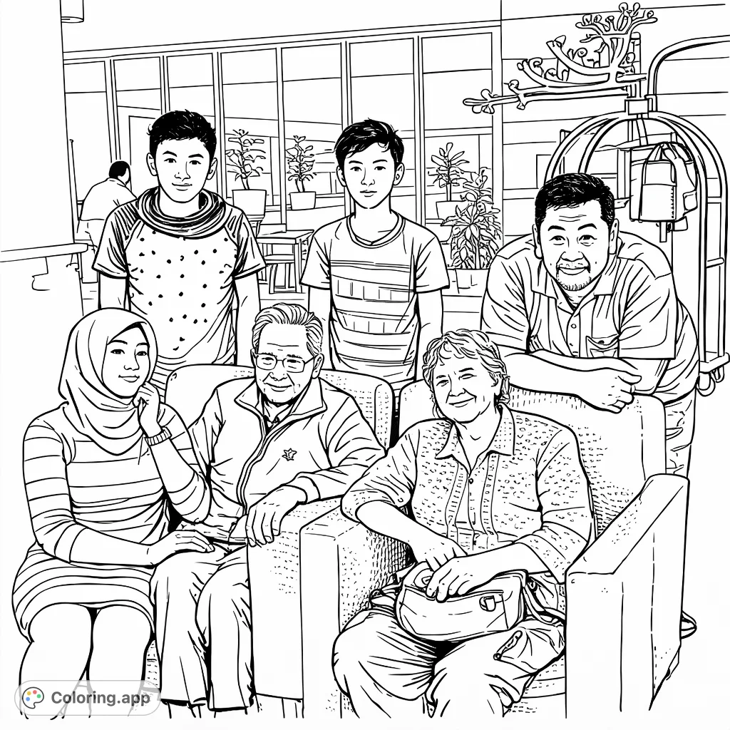 Color a warm group portrait featuring multiple generations gathered in a comfortable lounge, with detailed clothing and a subtle background. A heartwarming family gathering scene.
