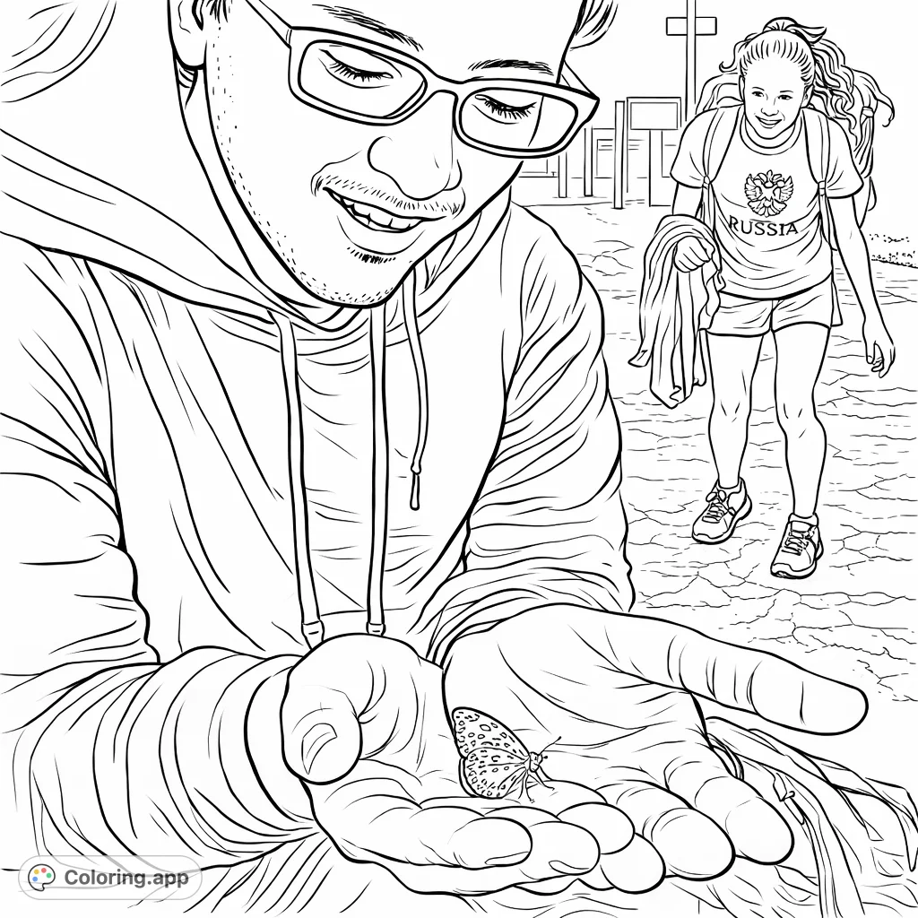 Capture a heartwarming moment of connection with this butterfly coloring page. A person gently holds a beautifully patterned butterfly, sharing a joyful smile.
