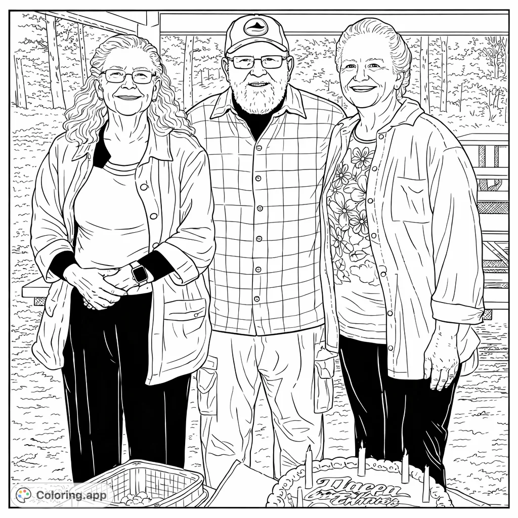Capture a heartwarming family celebration with this printable coloring page featuring three smiling individuals, a festive cake, and an outdoor setting.