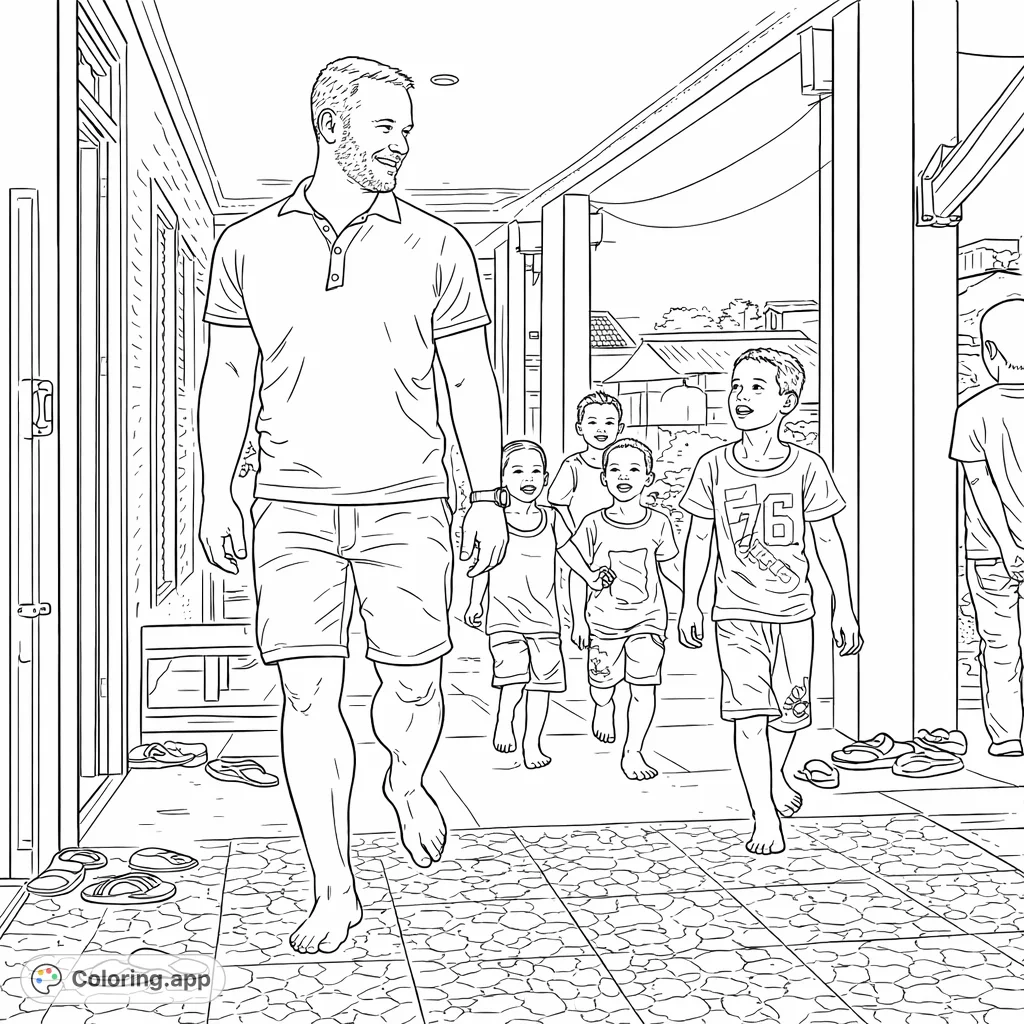 Capture a heartwarming scene of an adult man walking barefoot with a group of joyful children through a community walkway. A delightful people coloring page.