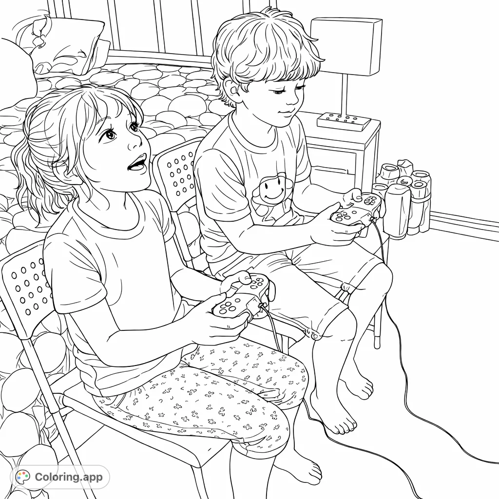 Two children engrossed in a video game, controllers in hand. This lively scene captures a moment of shared gaming fun and focused play.