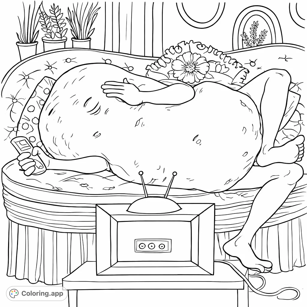 A whimsical coloring page depicting a relaxed, anthropomorphic potato figure lounging on a detailed couch, watching a vintage TV. Perfect for a cozy, humorous coloring experience!