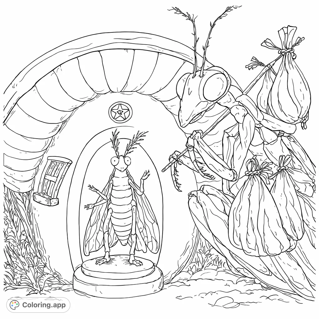 Whimsical scene featuring two charming insects: a departing grasshopper-like character with bundles and a smaller insect at a cozy mushroom home. Perfect for fantasy fans.