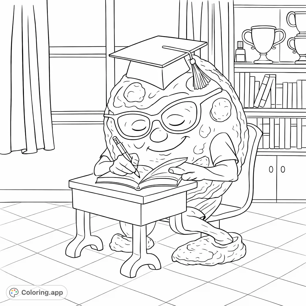 A diligent, round character with glasses and a graduation cap studies an open book at a desk. The scene includes a window and a bookshelf.