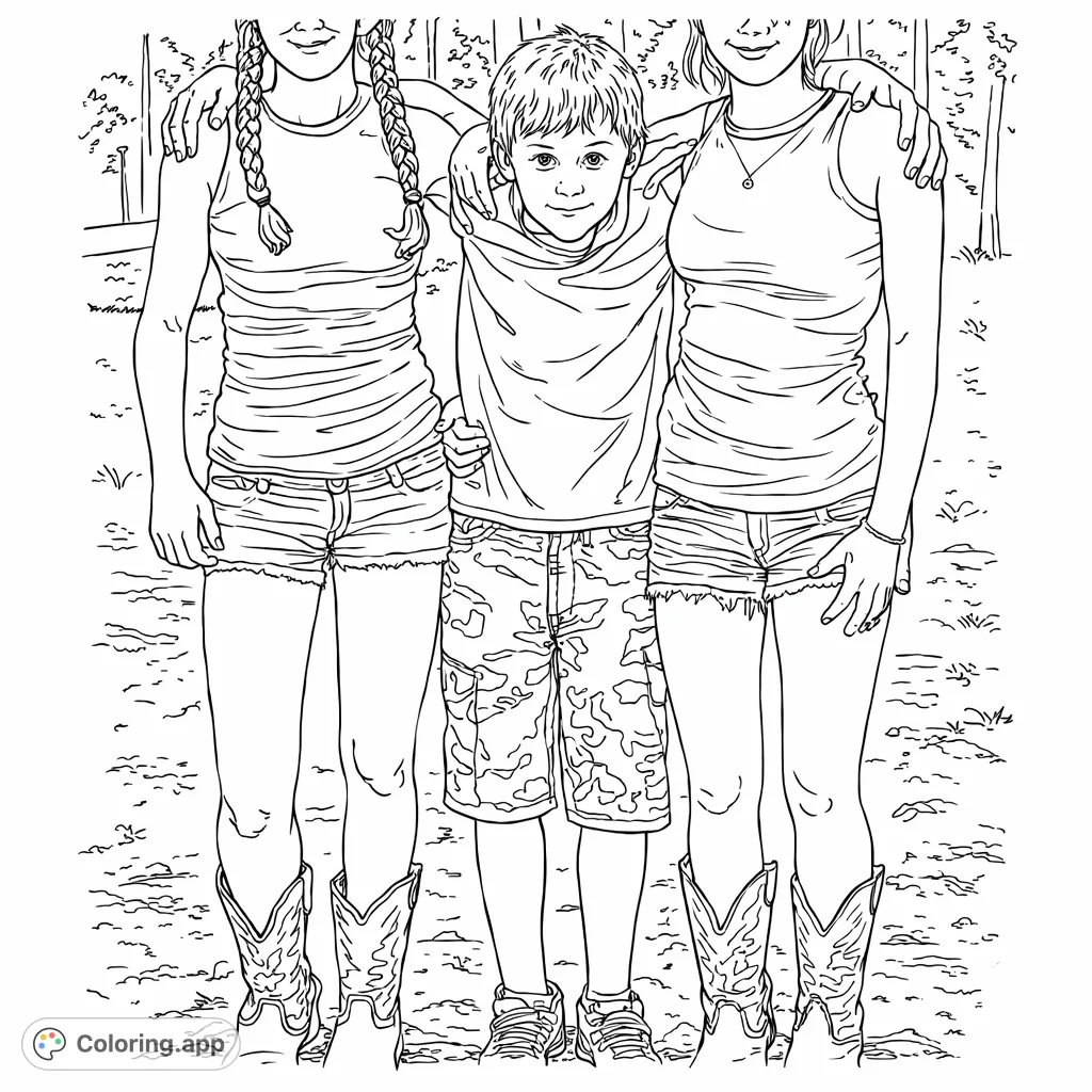 A heartwarming scene of three young friends standing together outdoors, perfect for customizing outfits, hair, and background elements for a personal touch.