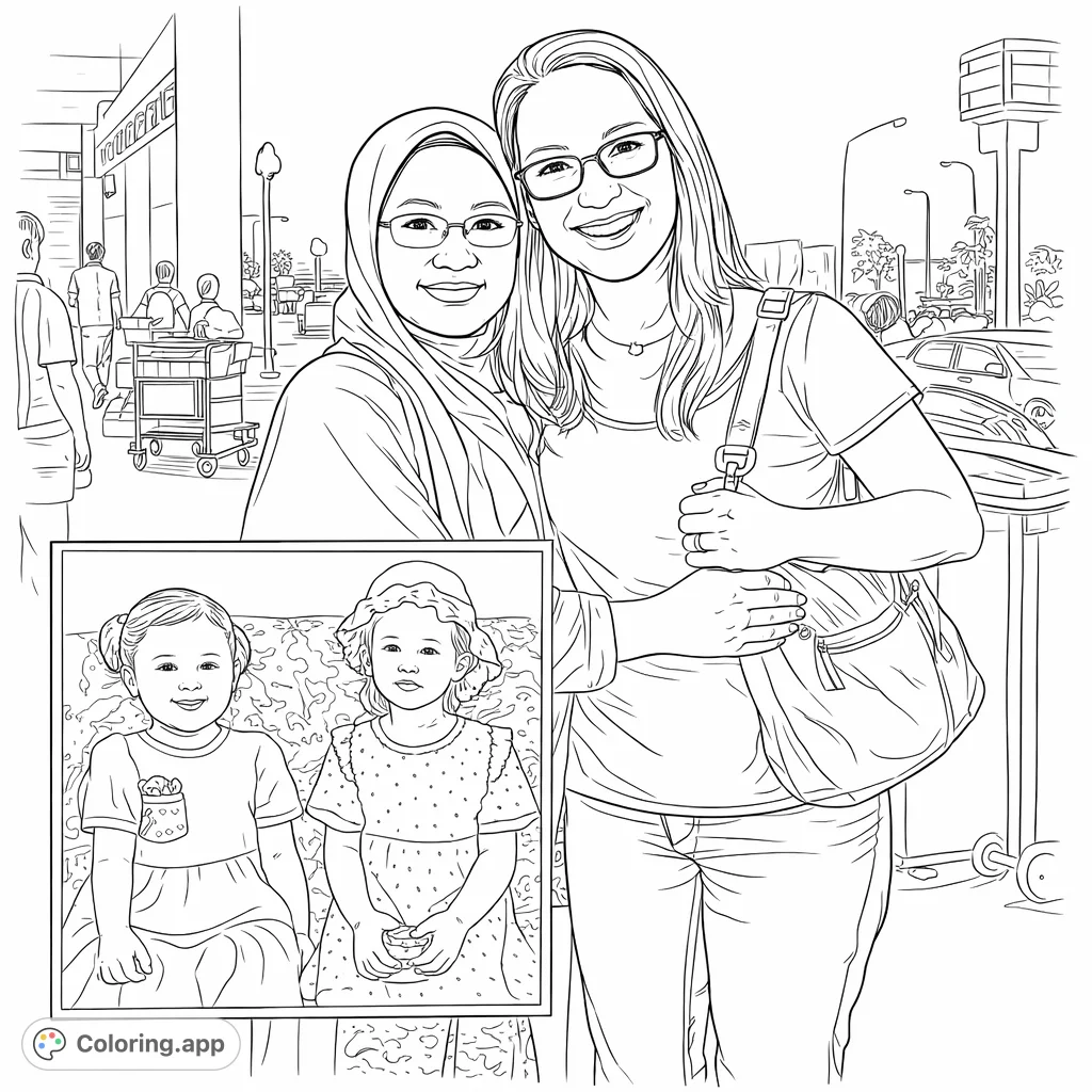 Color a heartwarming portrait of two women embracing, with a childhood memory overlaid, capturing a beautiful, shared journey of friendship and connection.