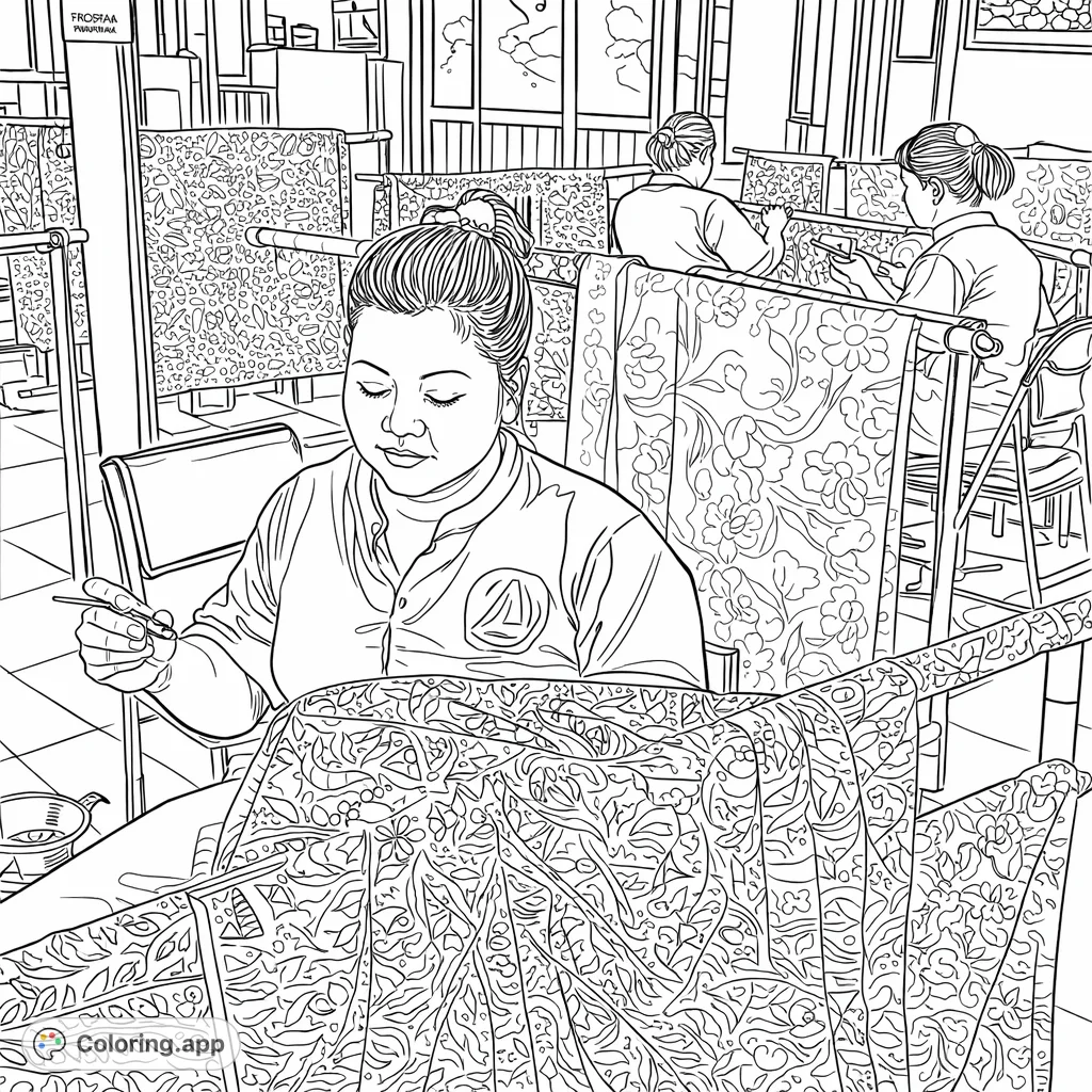 An artisan meticulously applies intricate patterns to fabric, showcasing the detailed artistry of traditional textile creation. A captivating scene for creative expression.