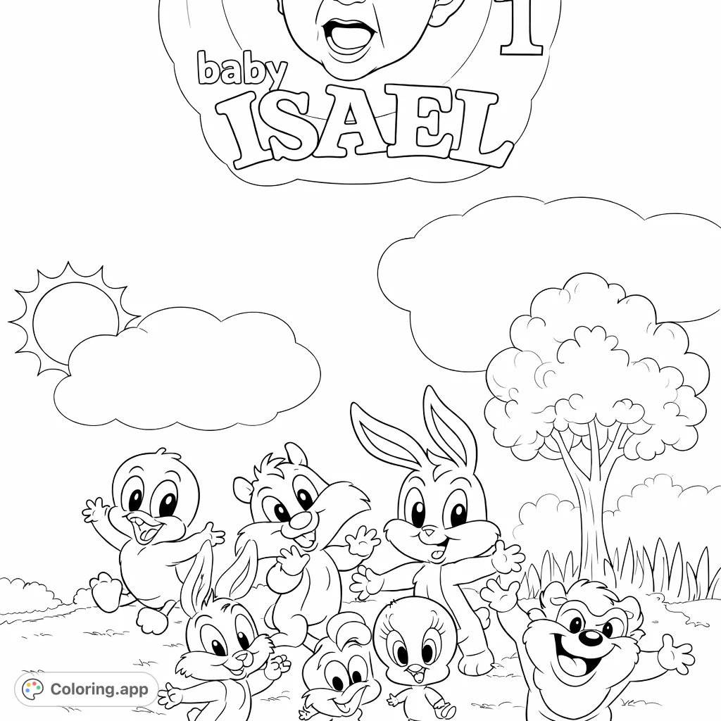 Join beloved cartoon characters in a joyful outdoor scene. A fun-filled Looney Tunes coloring page for fans of classic animation, ready for creative expression!