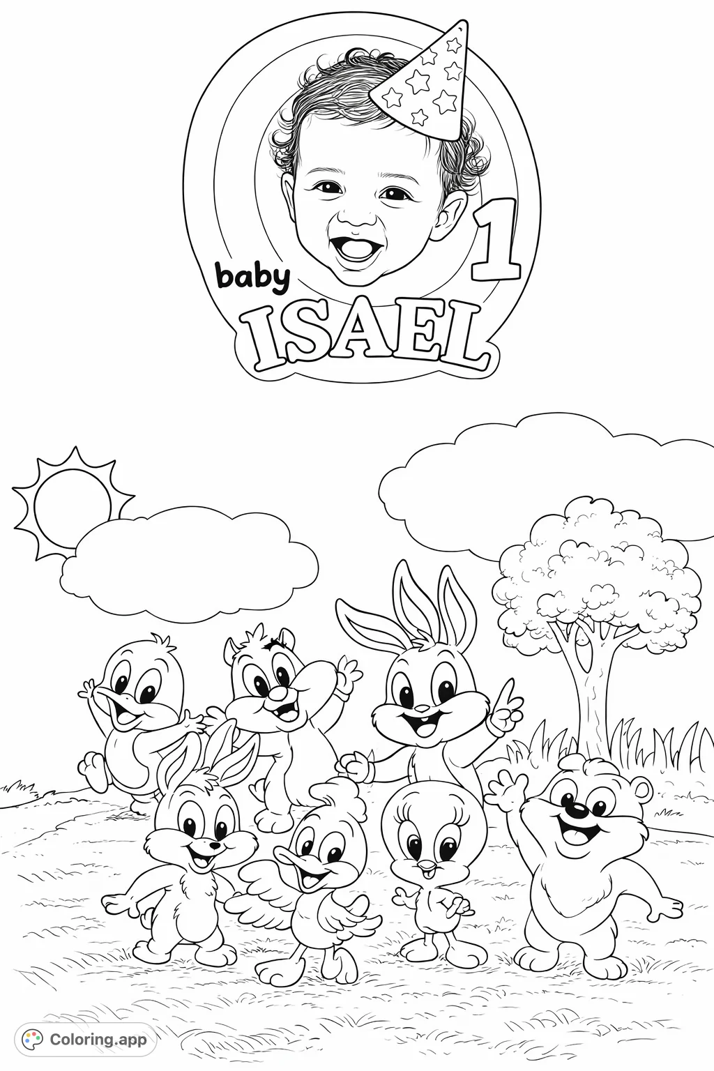 Celebrate a special first birthday with a smiling baby wearing a party hat, surrounded by beloved cartoon characters. A cheerful outdoor scene for coloring fun.