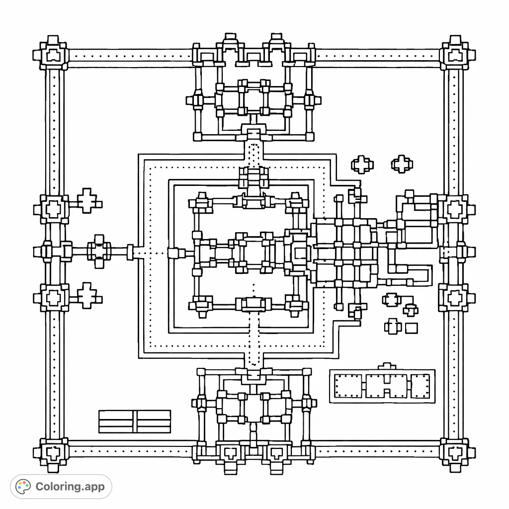 Explore an intricate ancient temple architectural plan. This complex blueprint invites detailed coloring of its nested courtyards, halls, and symmetrical structures, perfect for history and architecture enthusiasts.