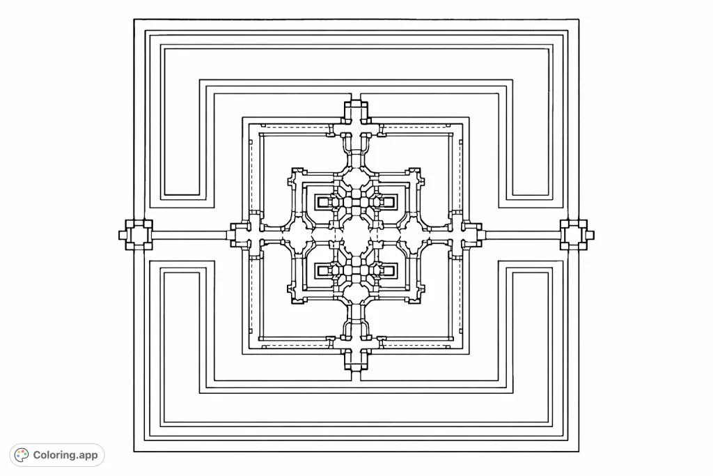 Explore an ancient temple's intricate architectural blueprint. This detailed geometric design offers a complex coloring challenge with its symmetrical layout and elaborate structures.