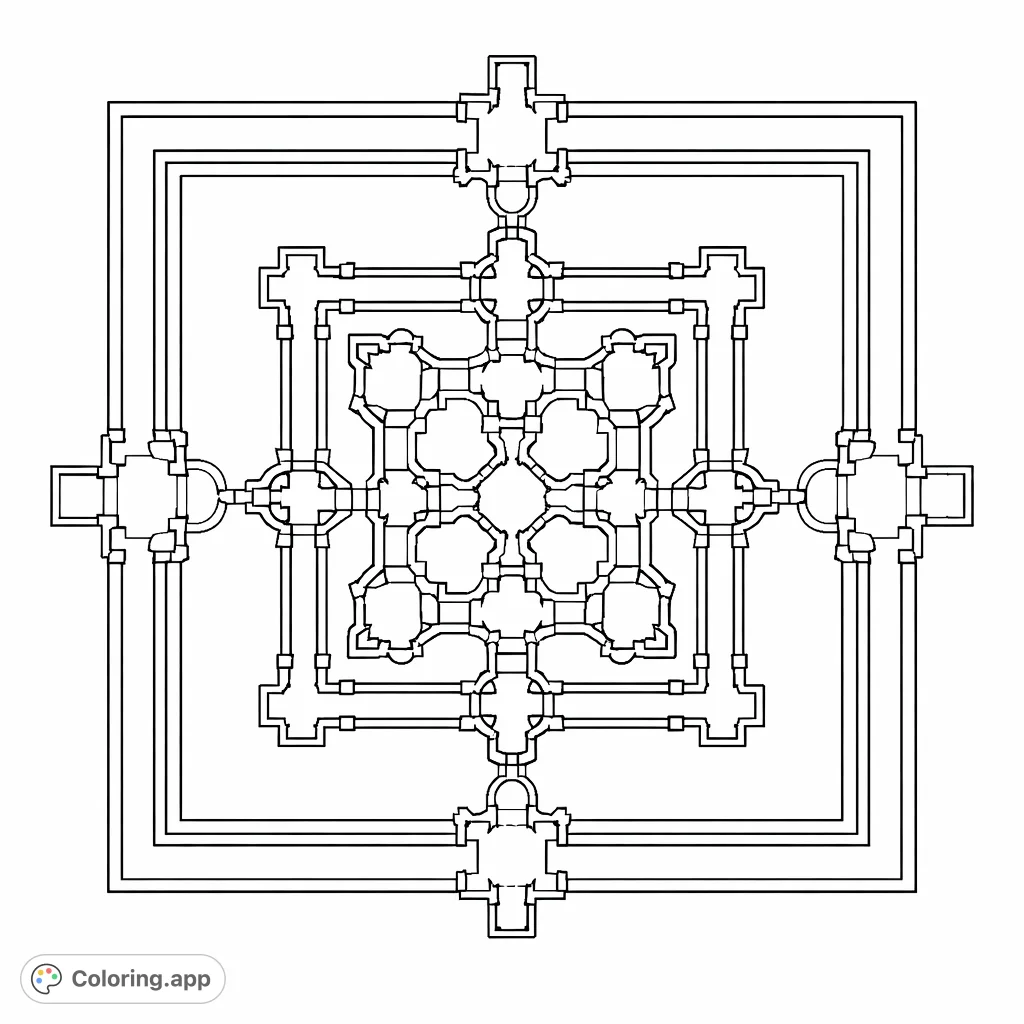 Explore the intricate symmetrical layout of an ancient temple, perfect for a meditative coloring experience. This detailed architectural plan invites precise shading.