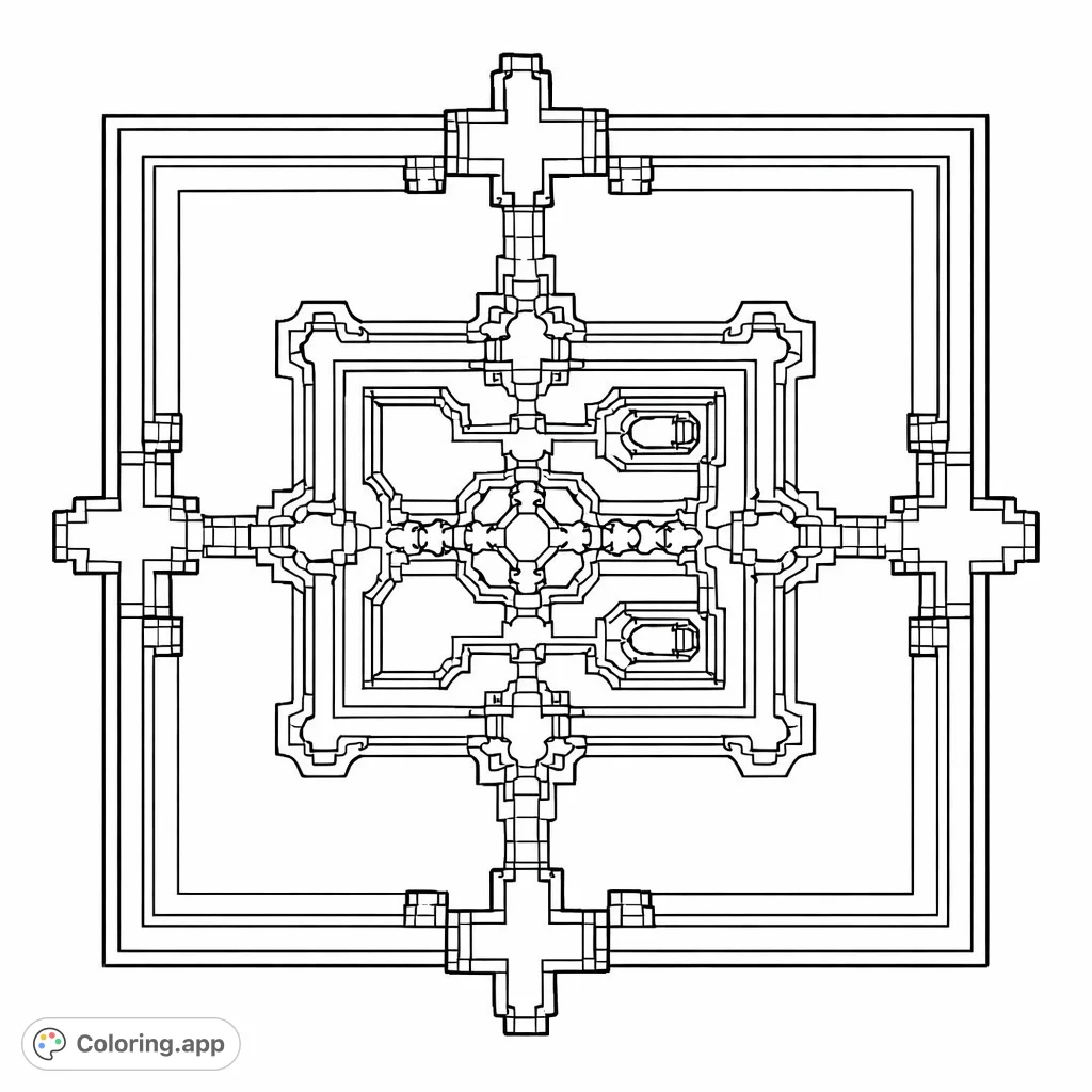 Explore the intricate design of an ancient temple with this architectural plan coloring page. A detailed aerial view featuring symmetrical structures and complex patterns.