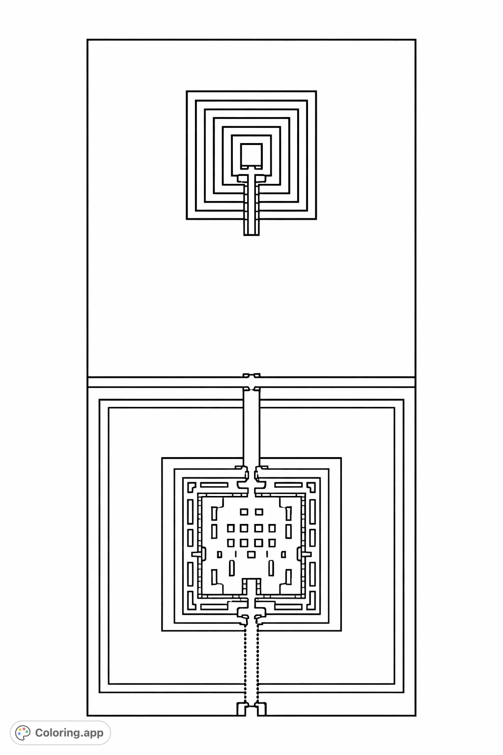 Explore an intricate aerial view of an ancient temple complex with symmetrical architecture, pathways, and a surrounding moat, perfect for detailed coloring.