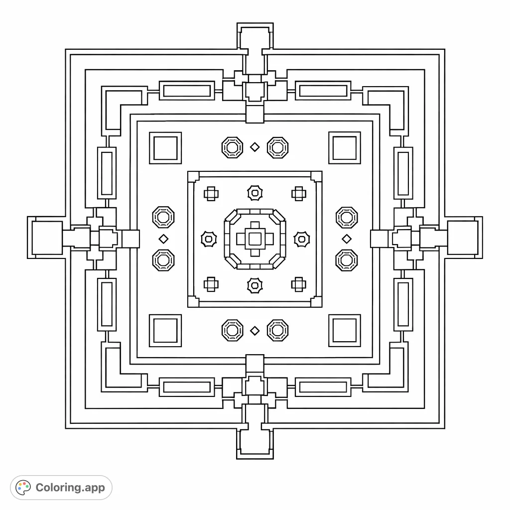 Explore an intricate symmetrical architectural blueprint of an ancient temple complex. A detailed geometric design with multiple structures, perfect for precise coloring.