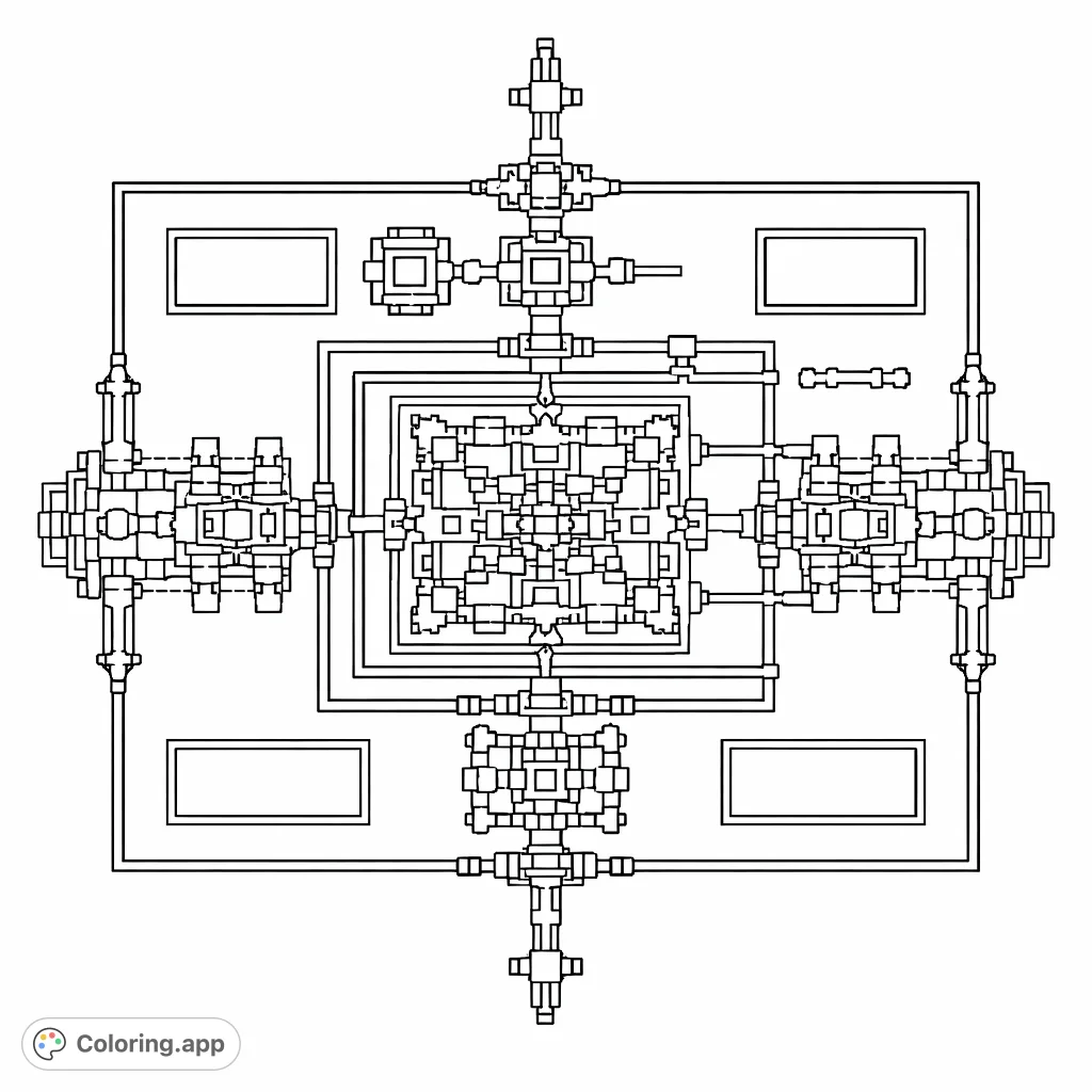 Explore this intricate architectural blueprint of an ancient temple complex. A detailed, symmetrical design awaits your creative touch on this grand coloring page.