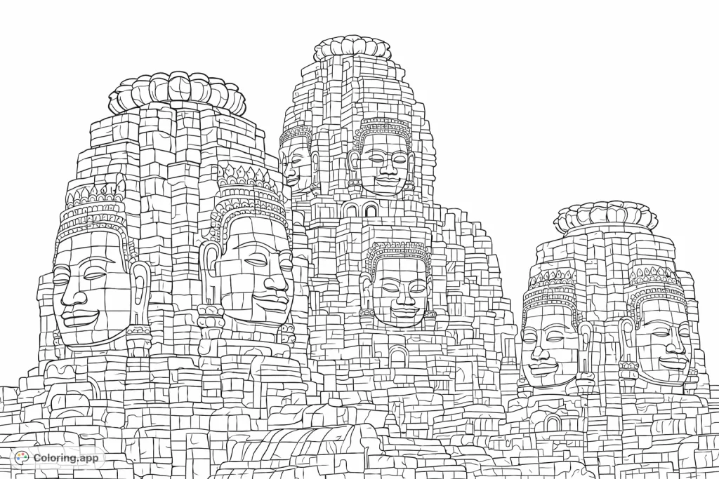 Explore the grandeur of ancient temple towers adorned with serene, smiling faces, an intricate architectural wonder perfect for detailed coloring.