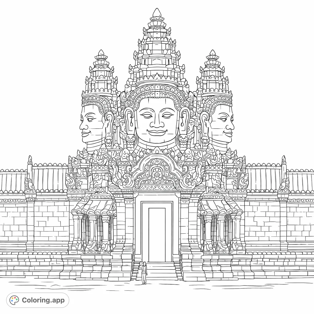 Discover a majestic ancient temple gate adorned with serene carved faces and intricate details. A free printable architectural coloring page for adults.