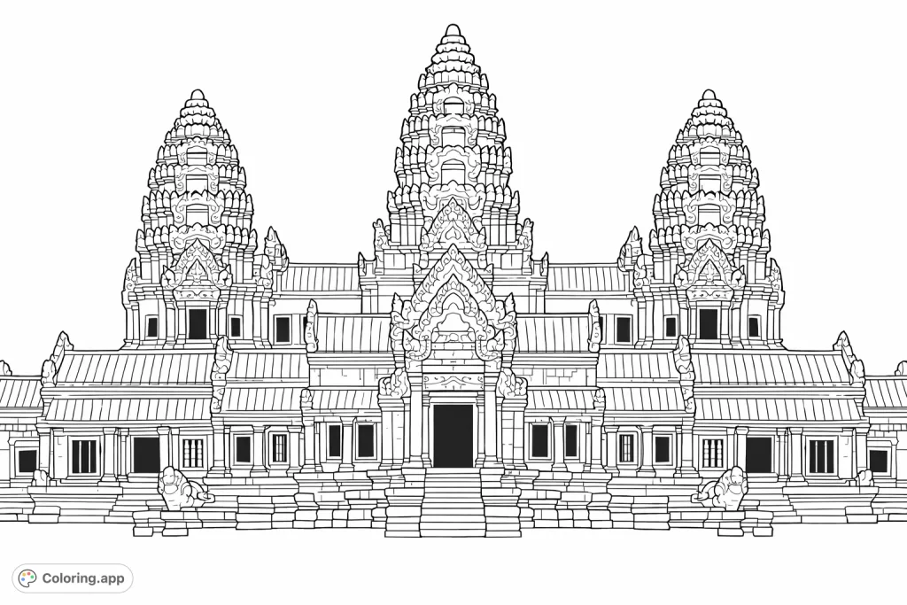 Explore the intricate details of an ancient temple, featuring towering spires, elaborate carvings, and grand architecture. A majestic and symmetrical scene for mindful coloring.