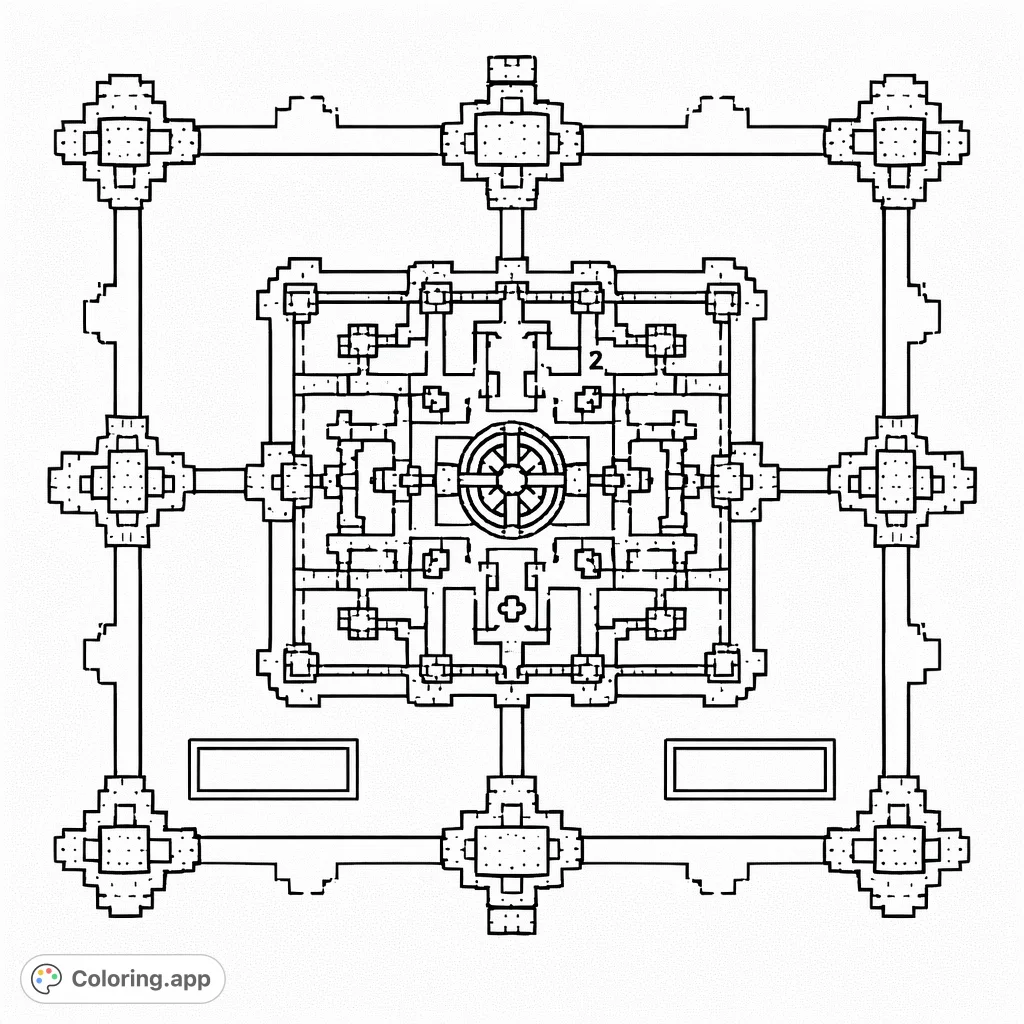 Explore a detailed, symmetrical architectural blueprint of an ancient temple. This free printable coloring page offers intricate geometric patterns for adults.