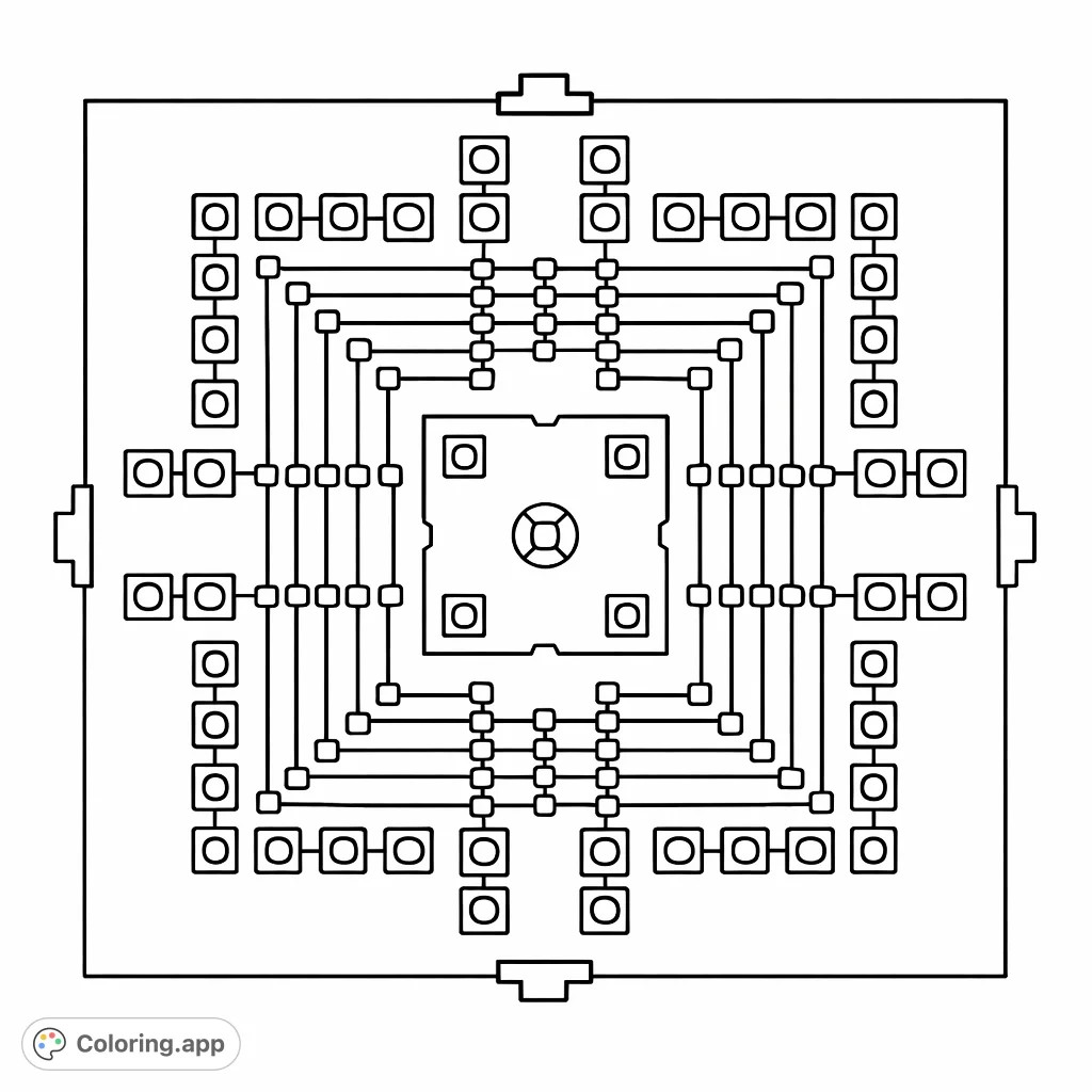Explore an intricate architectural blueprint coloring page, featuring a grand, symmetrical structure with detailed patterns and geometric forms for creative expression.