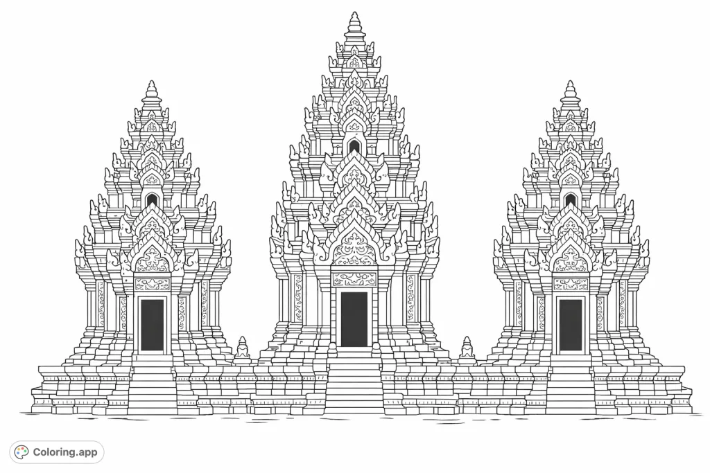 Explore intricate architectural beauty with this temple coloring page. Features ornate towers, detailed carvings, and symmetrical design for a meditative coloring experience.