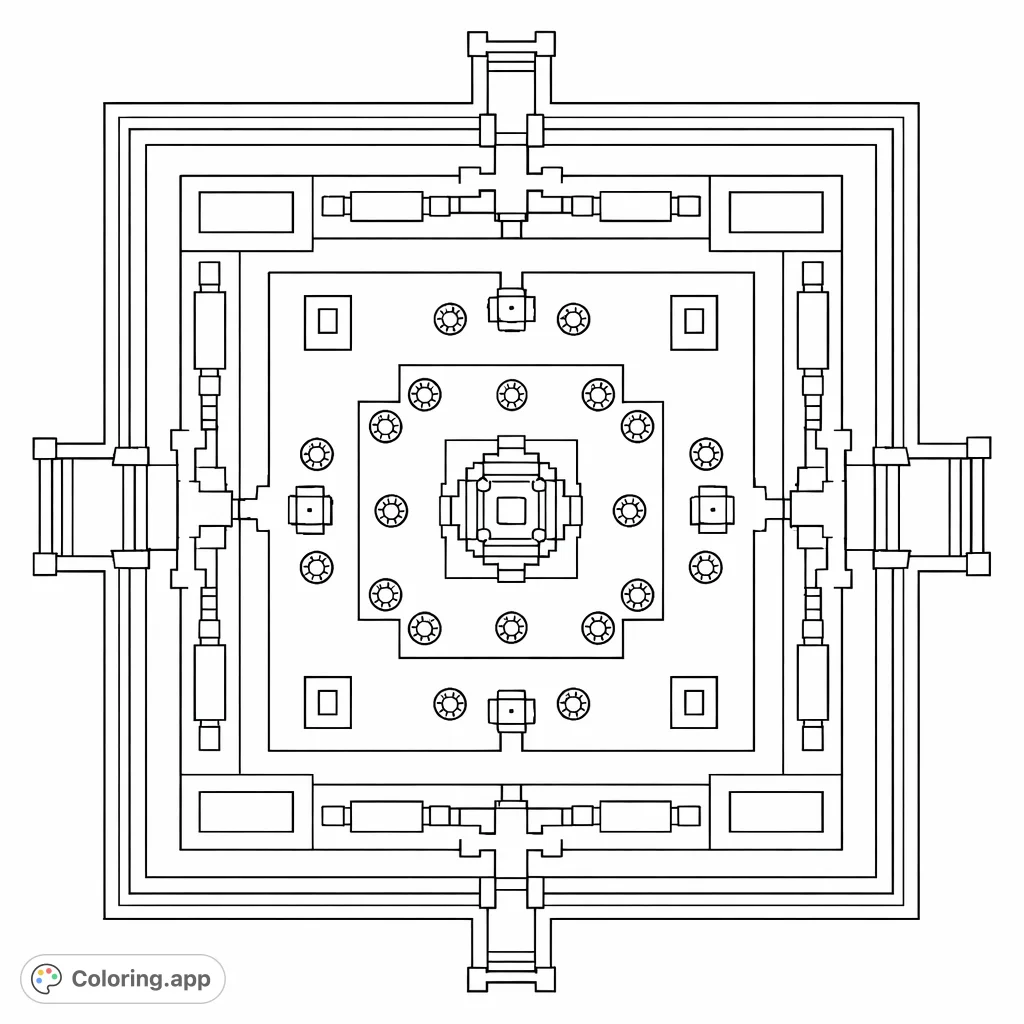 Explore an intricate, symmetrical temple plan. This detailed architectural blueprint offers a meditative coloring experience, perfect for design enthusiasts and history buffs.