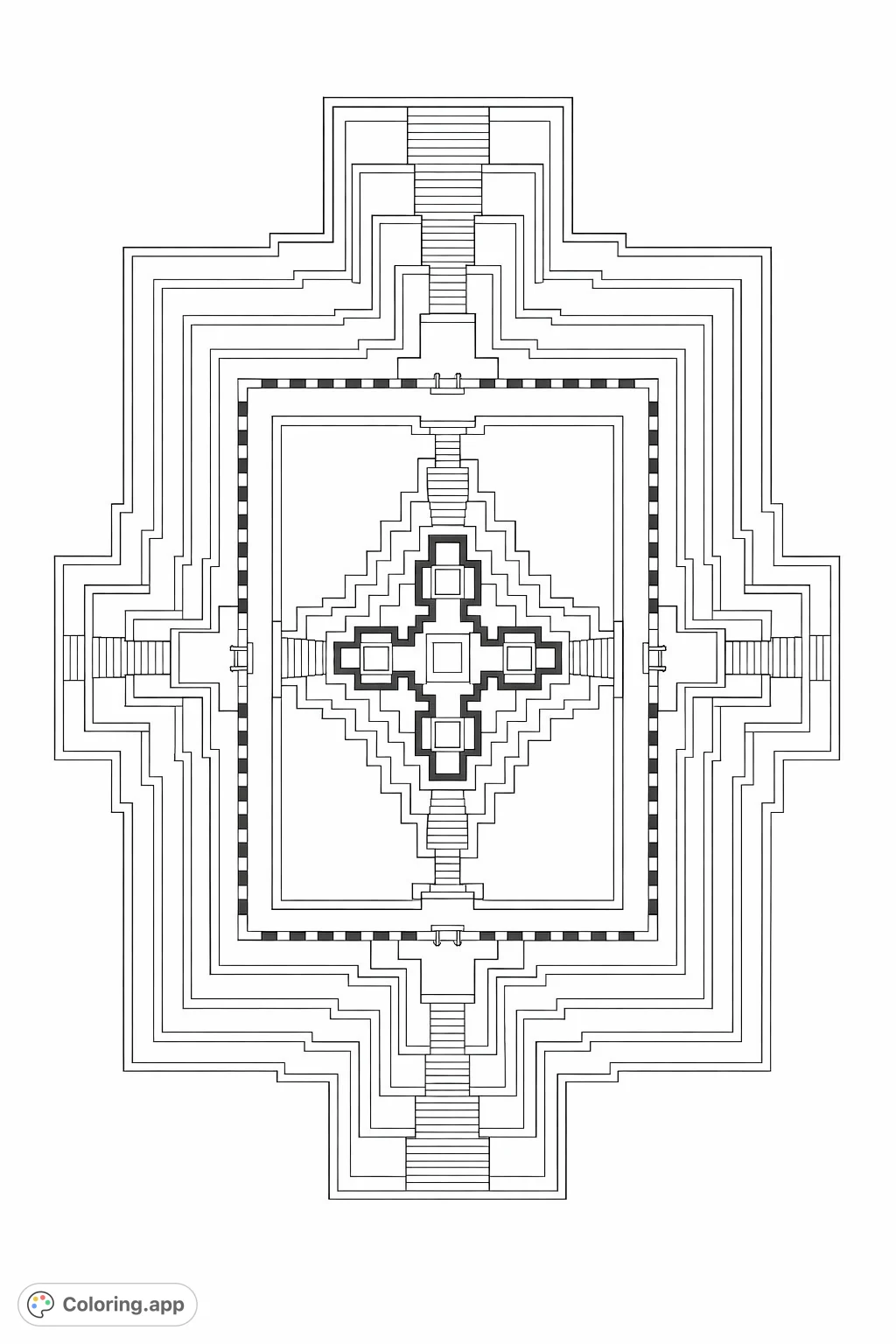 Explore this intricate tiered temple architecture coloring page. A symmetrical aerial view with complex layers and staircases offers a detailed coloring challenge for all ages.