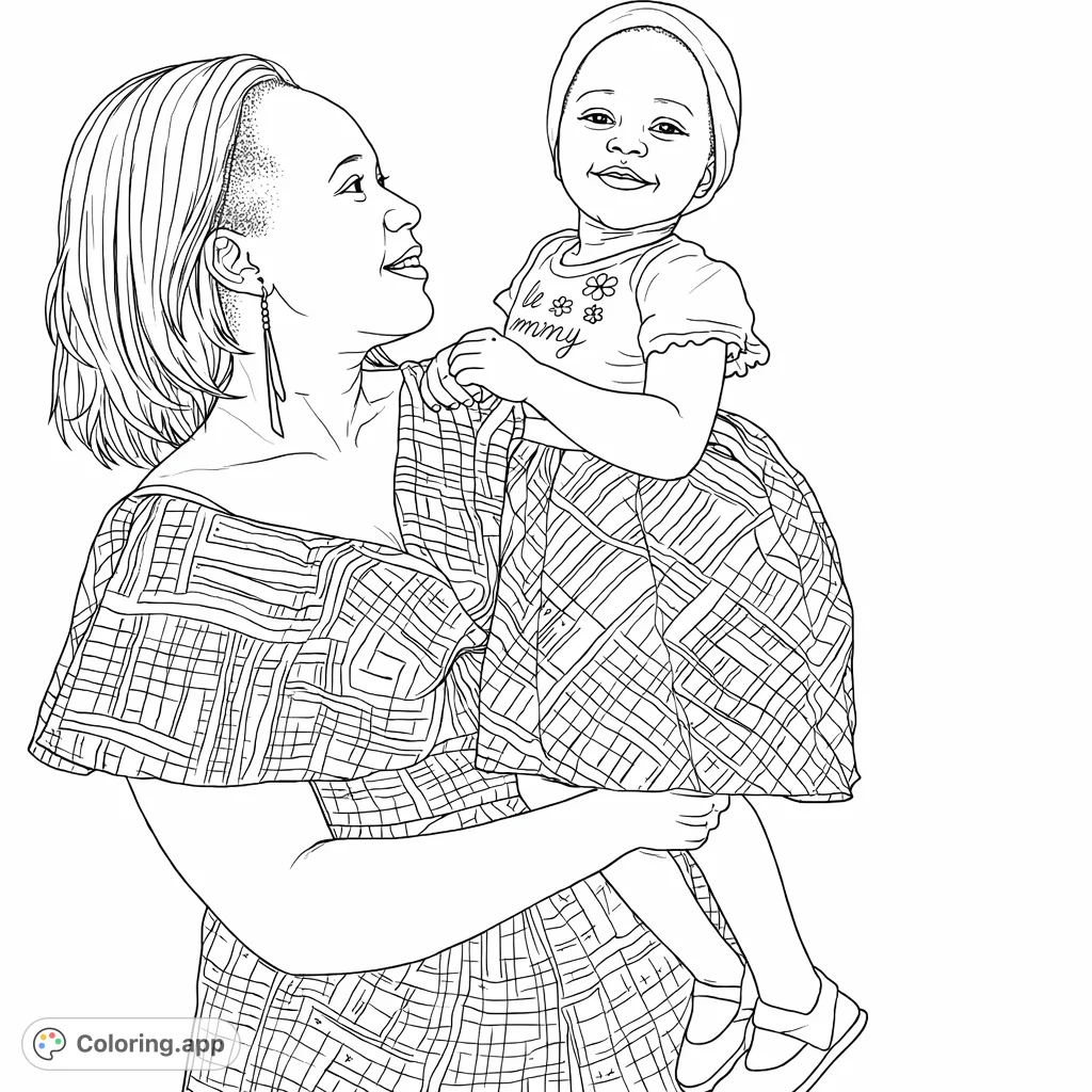 Capture a heartwarming moment between a mother and her child. Features intricate patterns on their matching outfits, offering a unique coloring experience.