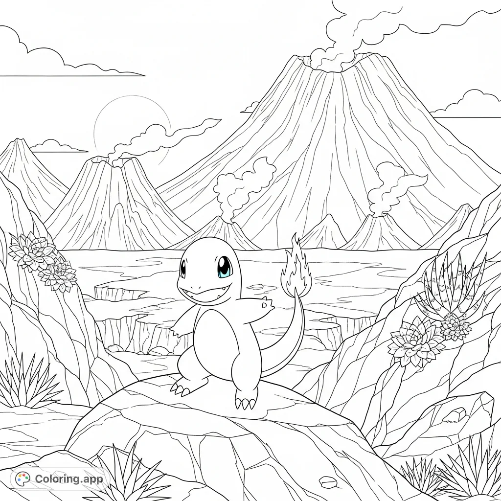 A dynamic Charmander coloring page featuring the beloved Pokémon perched on a rock in a dramatic volcanic setting with towering peaks and rising steam. Perfect for fans!