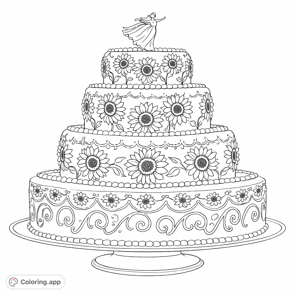 Decorate a magnificent four-tiered cake adorned with sunflowers and elegant piping, topped with a graceful figurine. A detailed and delightful coloring challenge!