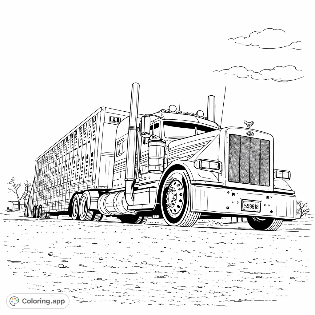 Color a powerful semi-truck with a livestock trailer, featuring intricate details, chrome accents, and a vast sky background. Perfect for truck enthusiasts!