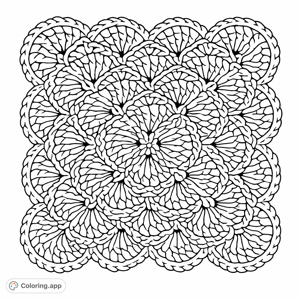 A charming cartoony crochet granny square with a central floral motif and scalloped edge, perfect for creative expression. This free printable coloring page offers a delightful design for all ages.