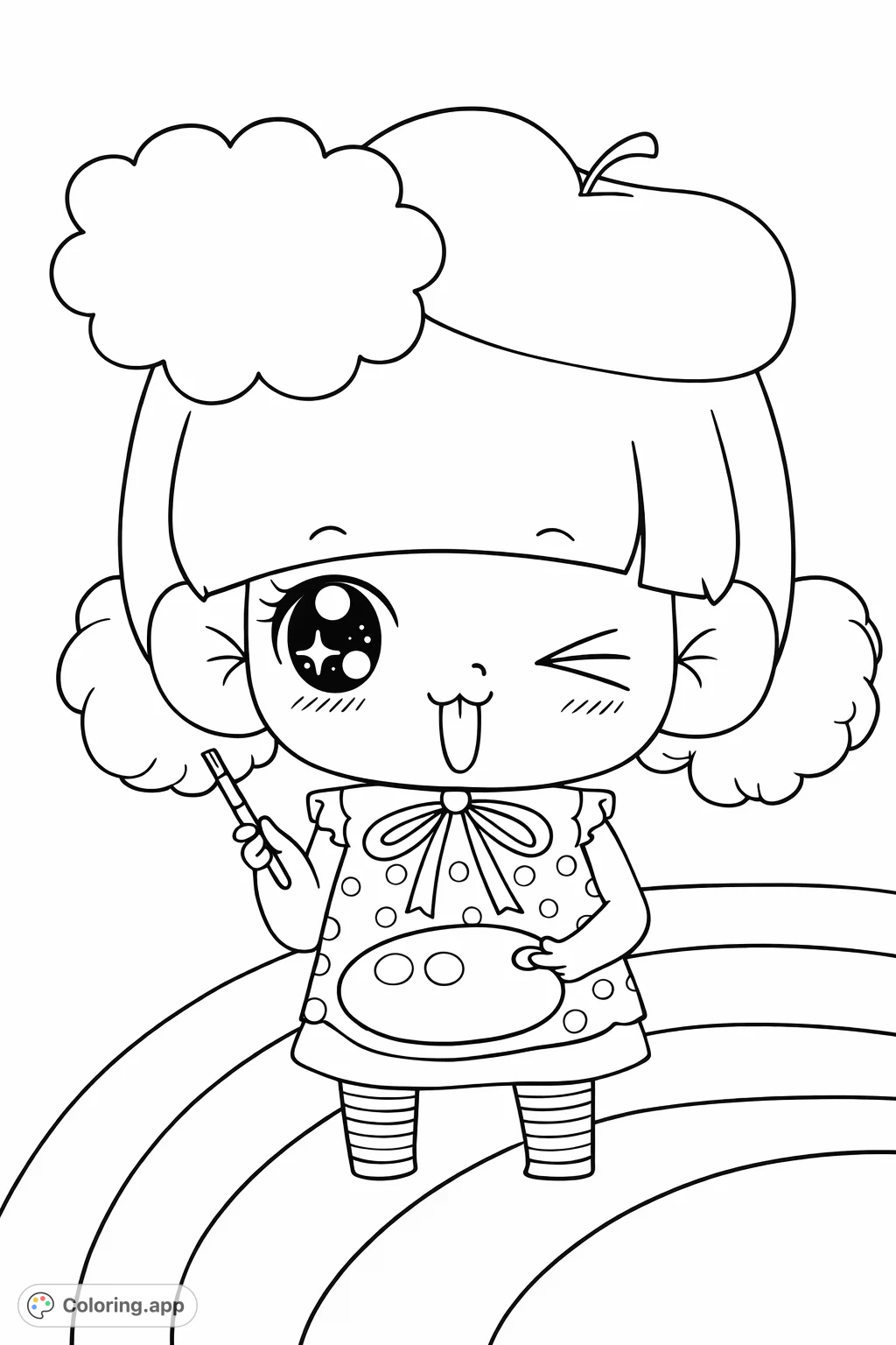 A delightful cartoon girl artist winks, holding a paintbrush and palette, ready to create. Features a fun dotted background and a vibrant rainbow.