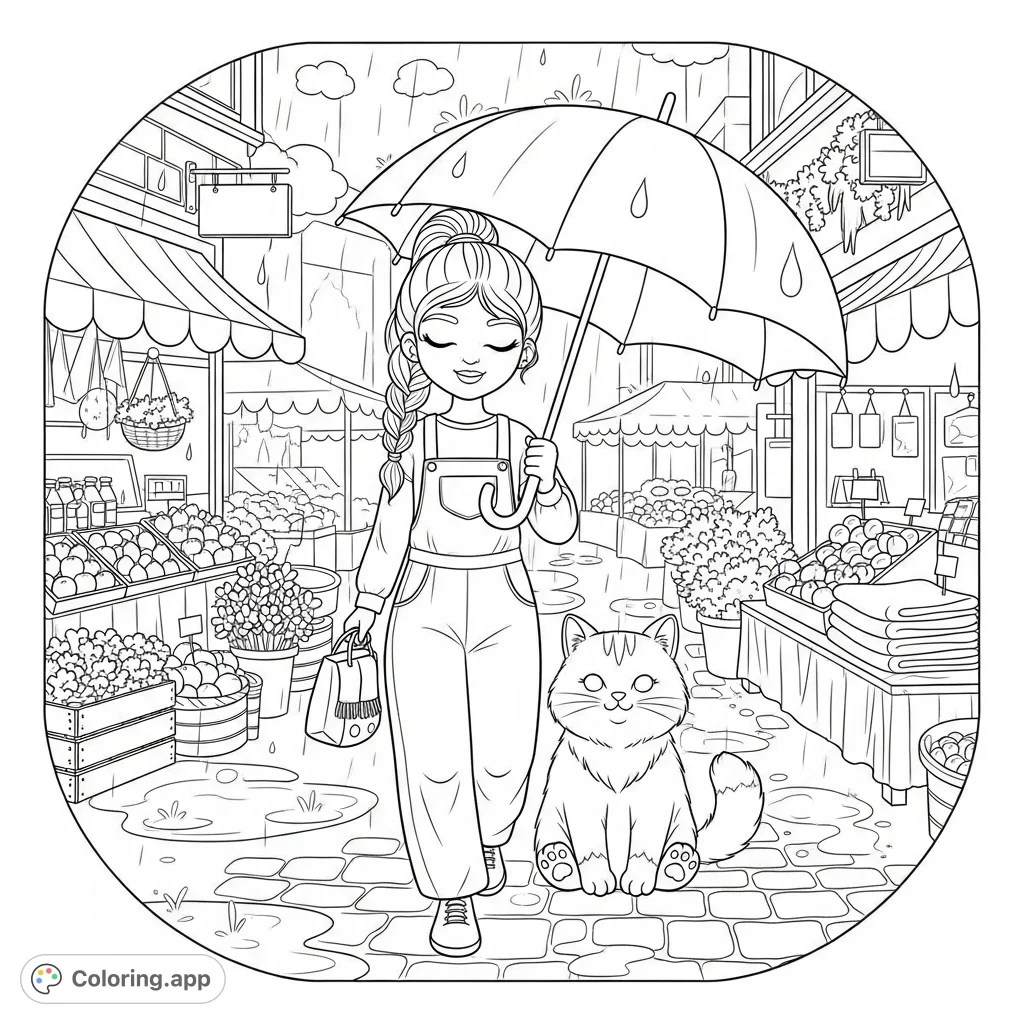 Stroll through a charming rainy market street with a girl and her fluffy cat under an umbrella. Features bustling shops, intricate textures, and cozy details.