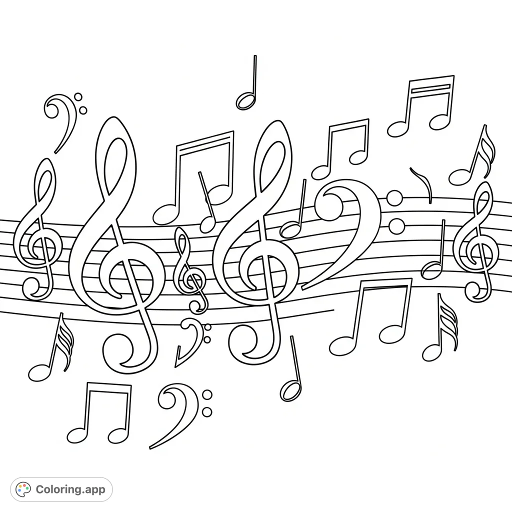 Immerse yourself in the rhythm with this musical notes coloring page! Features a dynamic array of notes, clefs, and staff lines for a creative journey.