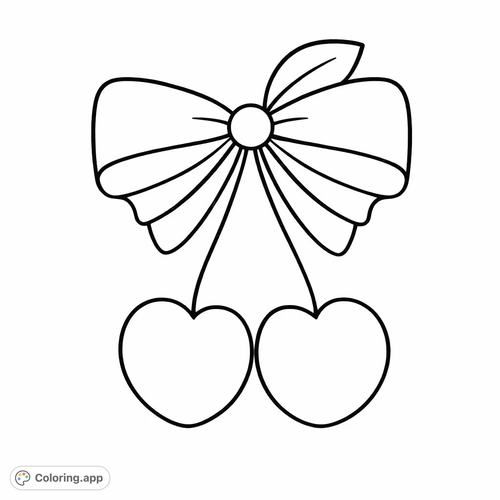 A charming cherry coloring page featuring two plump cherries adorned with a lovely bow and a leaf. Perfect for simple, sweet coloring fun!