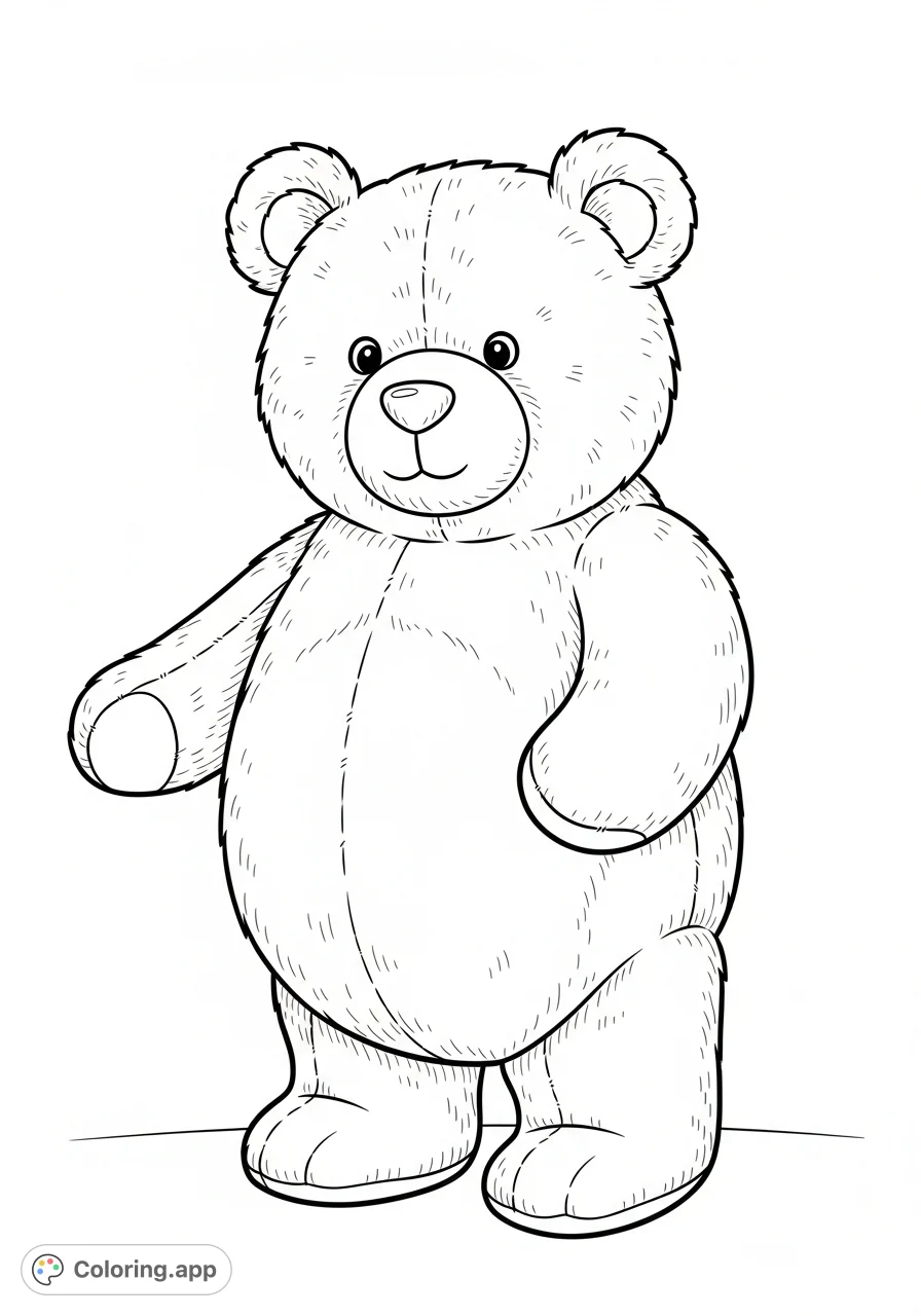 A charming, free printable teddy bear coloring page, featuring a standing, friendly bear with soft textures. Perfect for kids and creative relaxation.