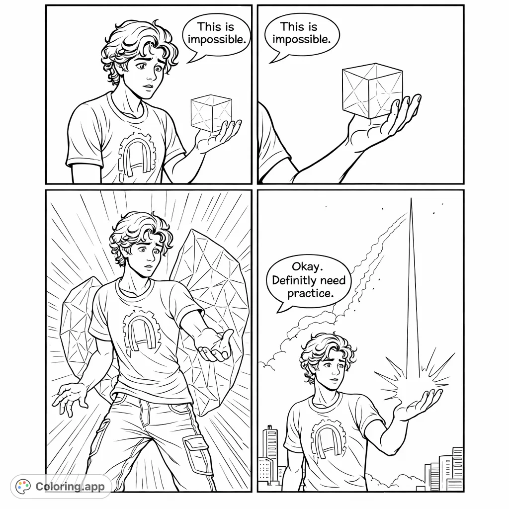 Embark on a dynamic comic adventure! A young man discovers and struggles with energy manipulation, forming crystal shields and powerful light beams.