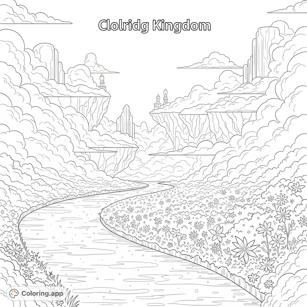 A magical Cloud Kingdom scene featuring a shimmering river winding through a Starlight Meadow, surrounded by ethereal cloud formations. Perfect for fantasy fans.