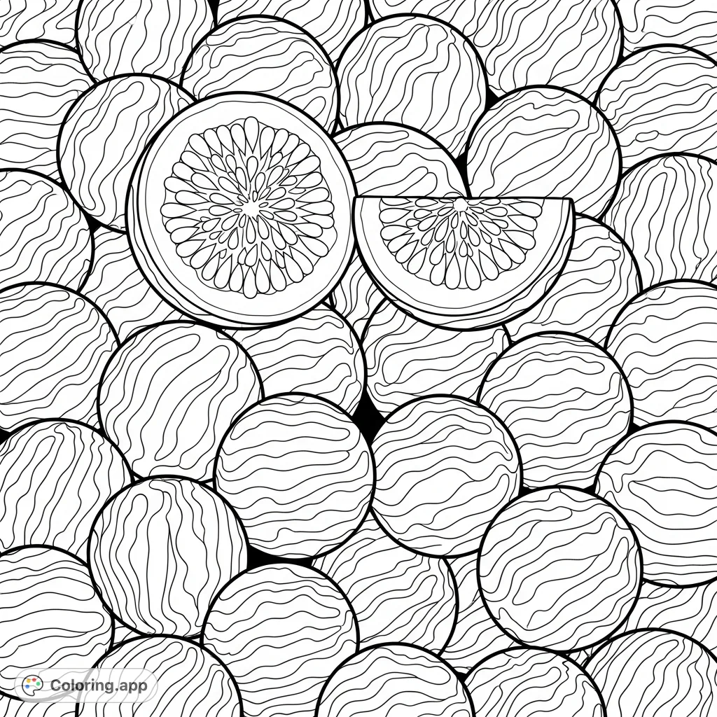 A free printable striped fruit coloring page showcasing a bountiful harvest of spherical fruits, some cut open to reveal intricate inner textures and ovoid seeds. A unique fruit coloring page for all ages.