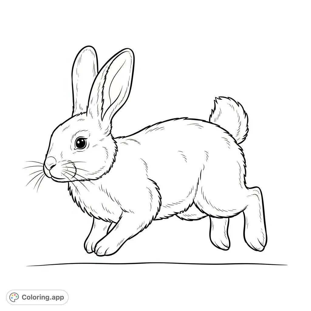 Capture the charm of a gentle rabbit mid-hop with this free printable rabbit coloring page. Features long ears, a fluffy tail, and soft fur texture for a delightful coloring experience.