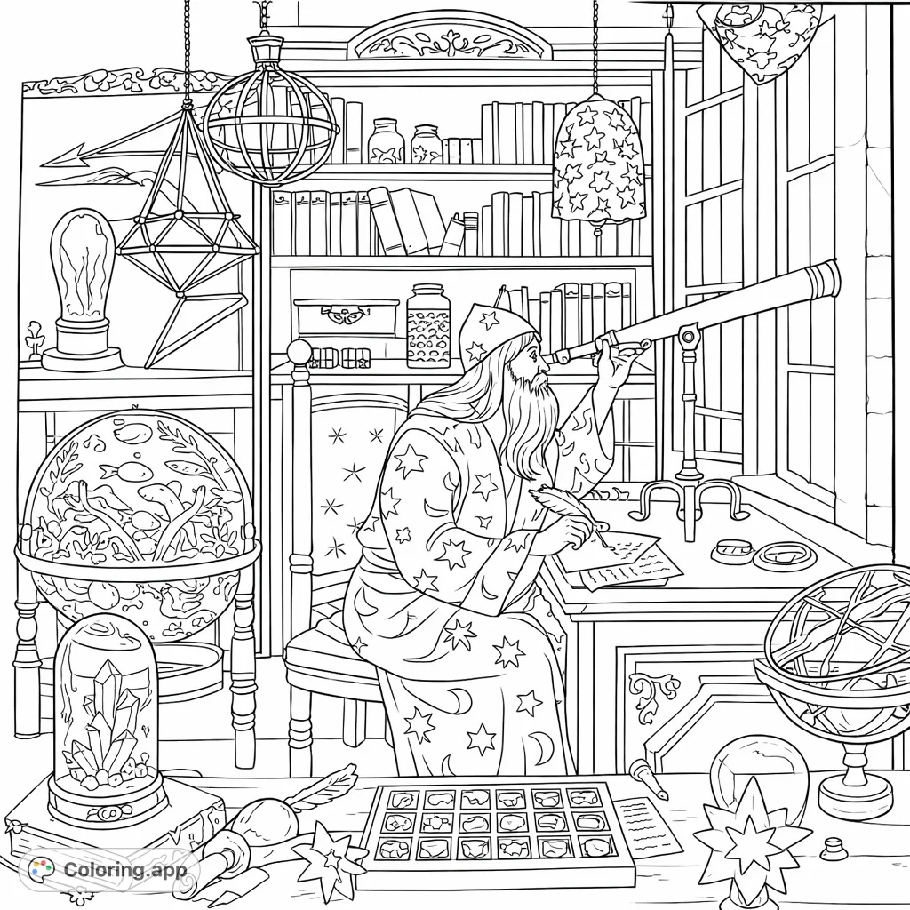 Explore an ancient scholar's study, filled with celestial instruments, books, and curiosities. A figure gazes through a telescope while writing.