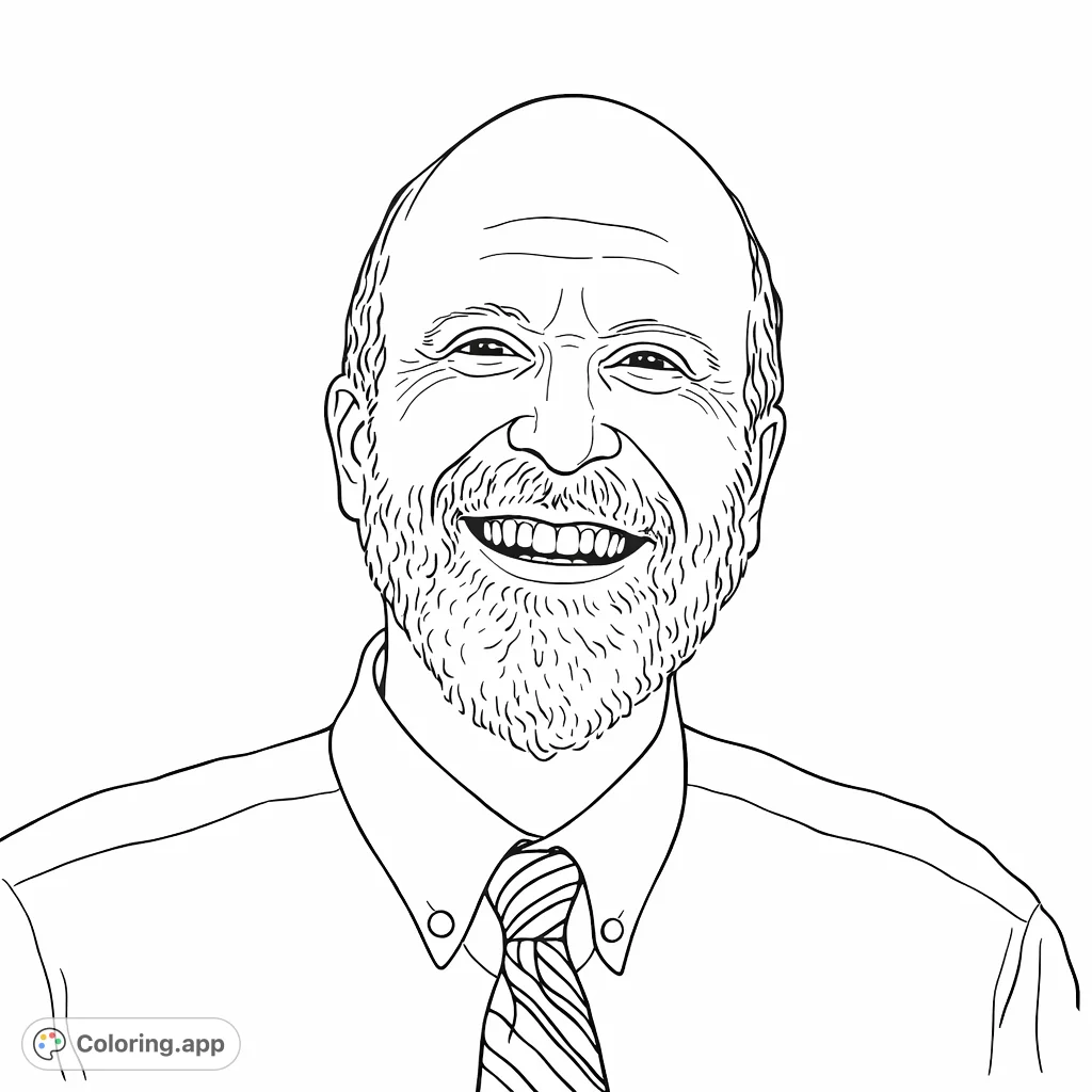 A cheerful portrait of a bearded man with a wide smile, wearing a shirt and striped tie. Perfect for detailed facial feature coloring.